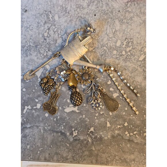 Vintage Silver & Gold Watering Can Brooch Crystals & Charms - Picture 6 of 6